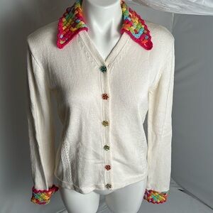 Cache ivory knit cardigan top multicolor buttons contrast braided collar sweater